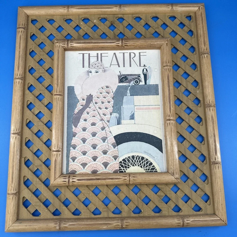 Vintage Bamboo And Rattan Trellis Picture Frame w/ Theatre Print Gloria Eriksen
